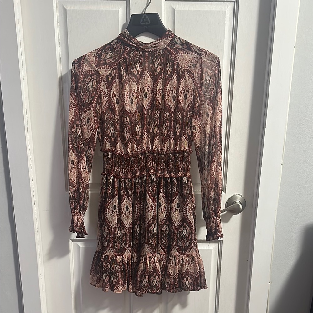 Zara Brown and Pink Pleated Ruffled Sheath Dress with Long Bishop Sleeves NWT